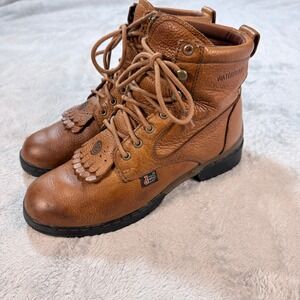 Justin Waterproof Leather Work Boots Tan Western Fringe Lace Up Women 9B